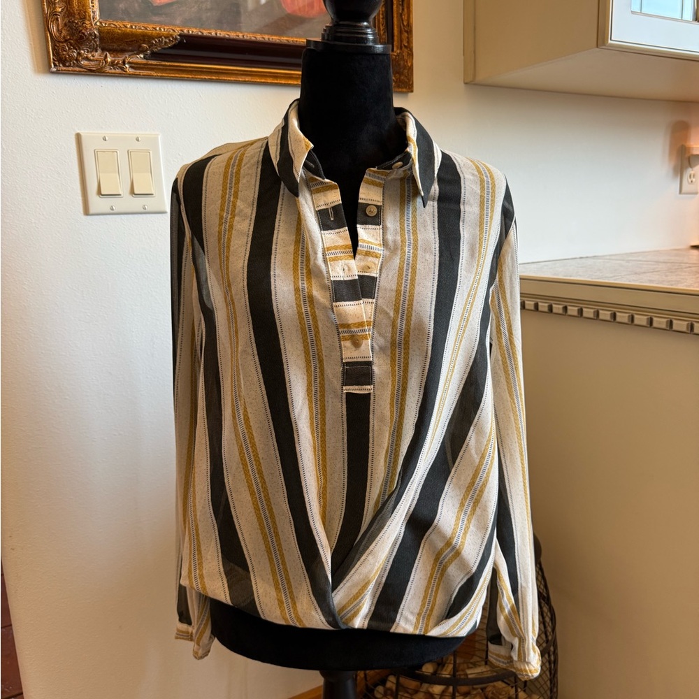 CAbi Black, White, and Gold Striped Blouse Calliber L